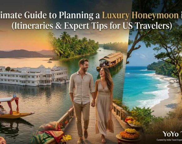 A panoramic banner image featuring a happy couple, the Taj Lake Palace in Udaipur, a Kerala houseboat, and a Royal Bengal Tiger, illustrating the ultimate guide to planning a luxury honeymoon in India.