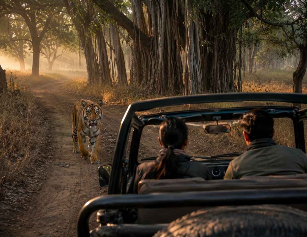 A dynamic view from a moving luxury safari jeep at dawn in Ranthambore, as a wild Bengal Tiger steps onto the track meters away, observed by a couple.