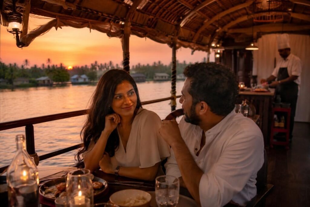 A close-up of a couple enjoying a private candlelight dinner on a luxury traditional Kerala houseboat at sunset on the backwaters, surrounded by palm trees.