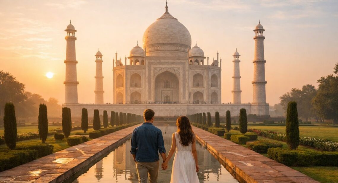 Romantic places in India for couples visiting from the USA featuring the Taj Mahal at sunrise