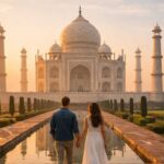 Romantic places in India for couples visiting from the USA featuring the Taj Mahal at sunrise