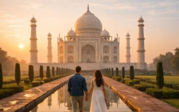 Romantic places in India for couples visiting from the USA featuring the Taj Mahal at sunrise