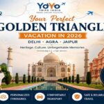 Travelers exploring India's Golden Triangle with India Gate in Delhi, the Taj Mahal in Agra, and Hawa Mahal in Jaipur, showcasing a 2026 vacation experience with YoYo Trips India.