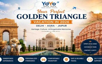 Travelers exploring India's Golden Triangle with India Gate in Delhi, the Taj Mahal in Agra, and Hawa Mahal in Jaipur, showcasing a 2026 vacation experience with YoYo Trips India.