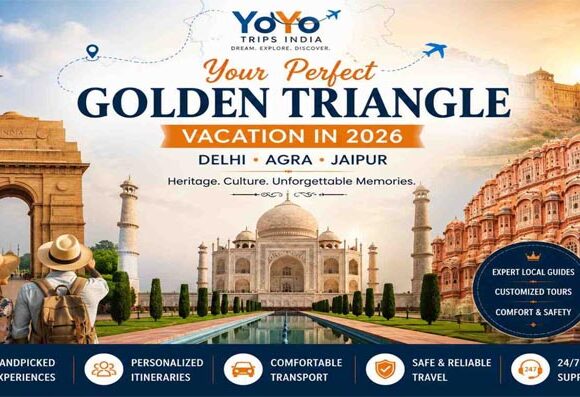 Travelers exploring India's Golden Triangle with India Gate in Delhi, the Taj Mahal in Agra, and Hawa Mahal in Jaipur, showcasing a 2026 vacation experience with YoYo Trips India.