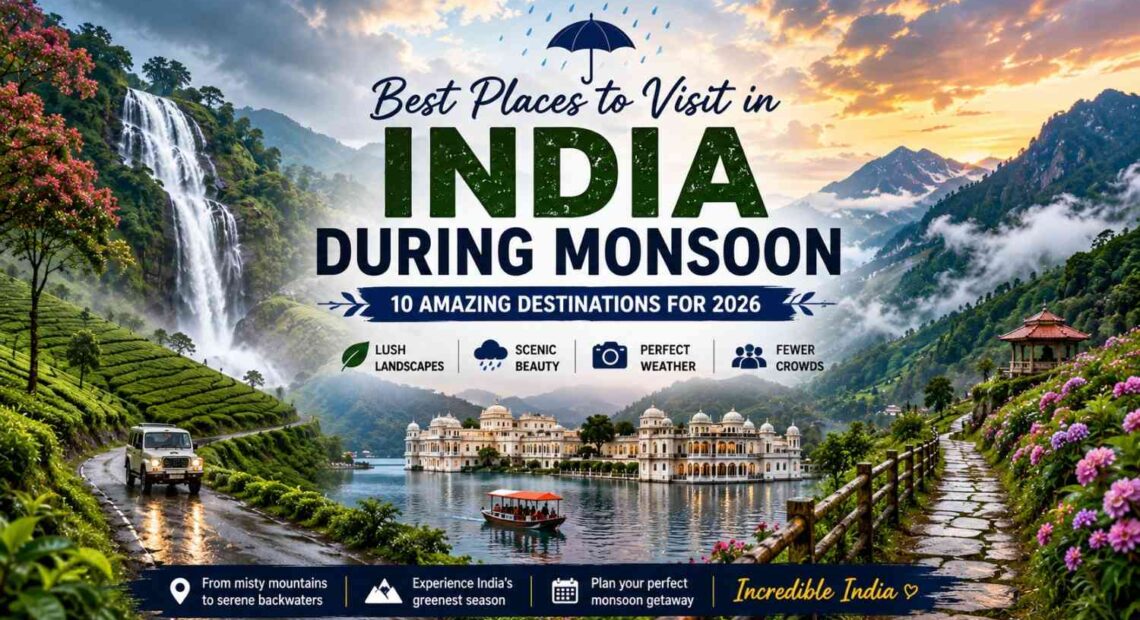 Best places to visit in India during monsoon featuring Munnar, Udaipur, Meghalaya, waterfalls, tea plantations, and scenic mountain landscapes