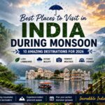 Best places to visit in India during monsoon featuring Munnar, Udaipur, Meghalaya, waterfalls, tea plantations, and scenic mountain landscapes