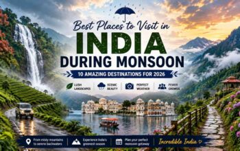 Best places to visit in India during monsoon featuring Munnar, Udaipur, Meghalaya, waterfalls, tea plantations, and scenic mountain landscapes