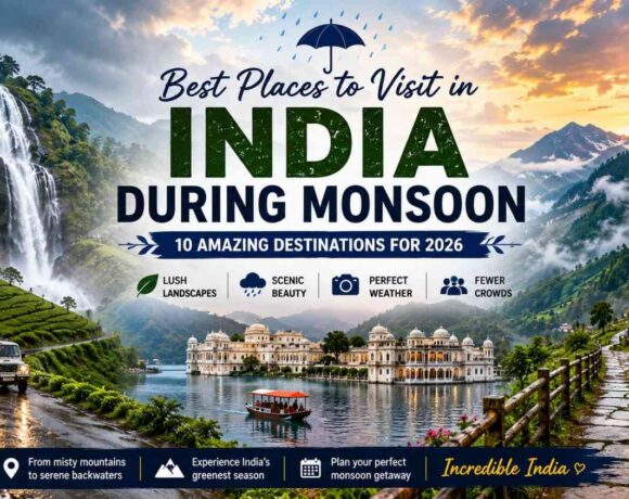 Best places to visit in India during monsoon featuring Munnar, Udaipur, Meghalaya, waterfalls, tea plantations, and scenic mountain landscapes