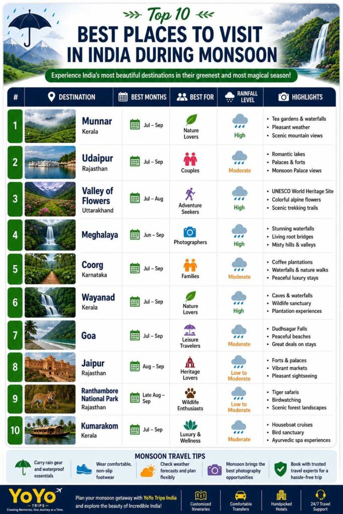 Top 10 Best Places to Visit in India During Monsoon – Infographic Infographic showing the top 10 best places to visit in India during the monsoon season, including Munnar, Udaipur, Meghalaya, Valley of Flowers, Coorg, Wayanad, Goa, Jaipur, Ranthambore, and Kumarakom.