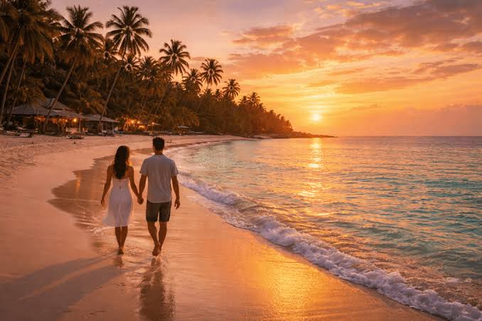Couple enjoying a romantic sunset walk on Goa beach during winter