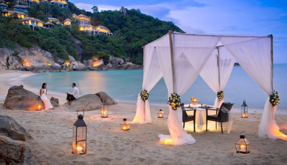 Romantic beachfront resort in Goa at sunset