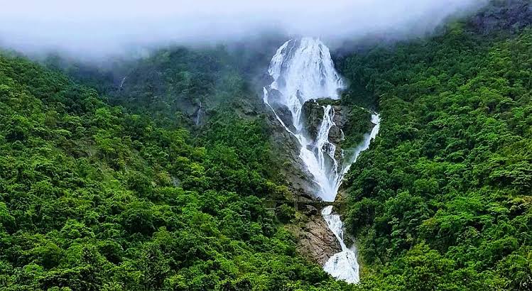 Goa during the monsoon season with lush greenery and waterfalls