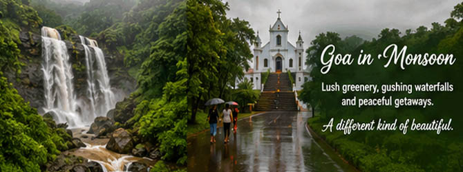 Goa during monsoon season with lush greenery and waterfalls
