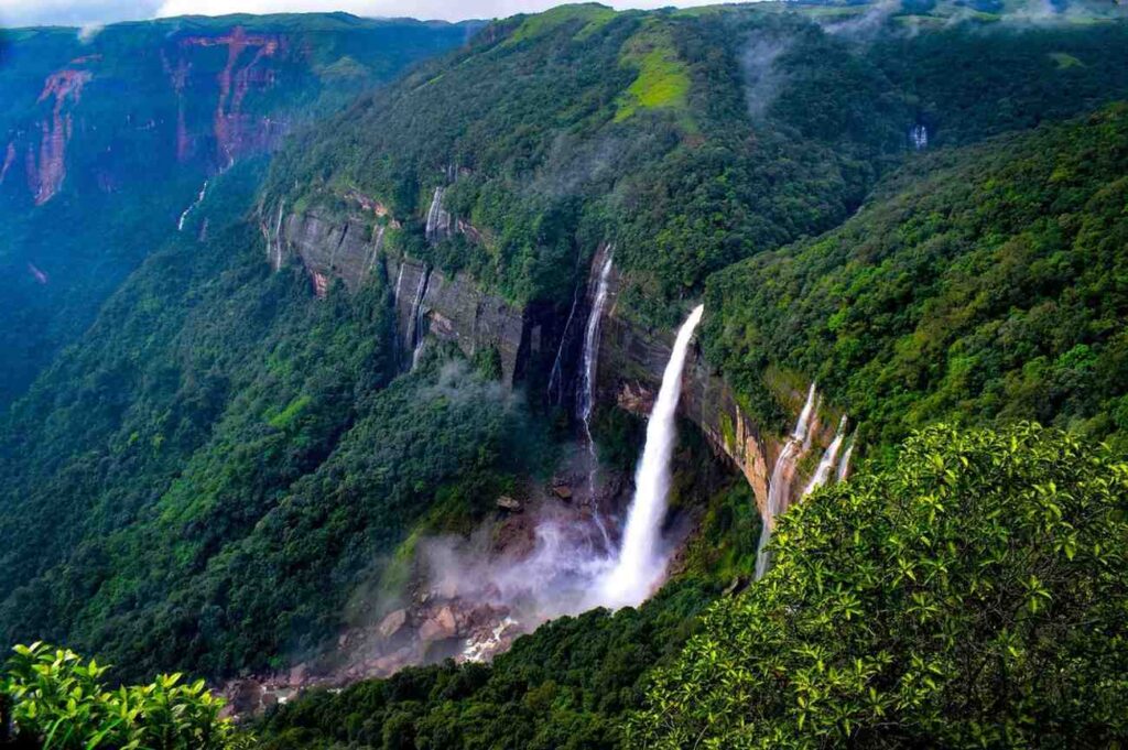 Waterfalls and Living Root Bridges in Meghalaya during monsoon
