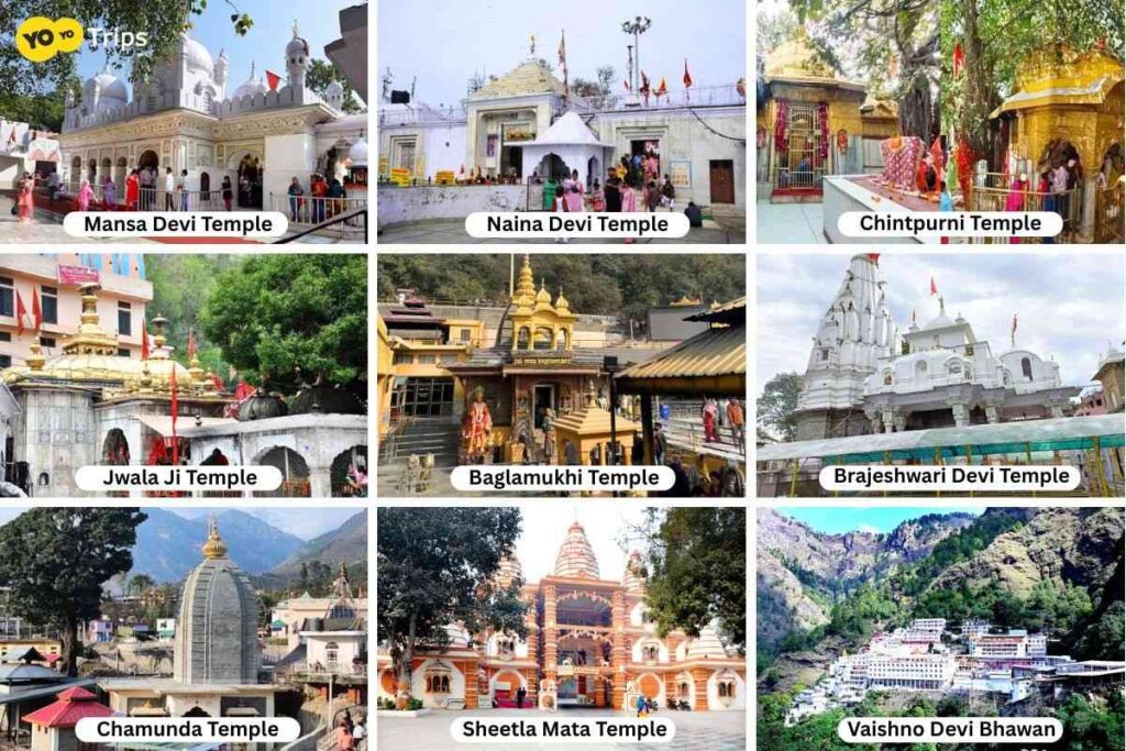 Collage of the nine sacred temples included in Nau Devi Darshan pilgrimage