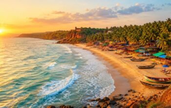 Aerial view of Goa's coastline with palm trees and beach