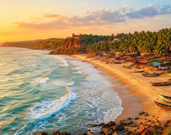 Aerial view of Goa's coastline with palm trees and beach