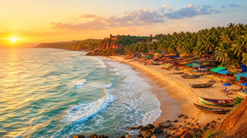 Aerial view of Goa's coastline with palm trees and beach