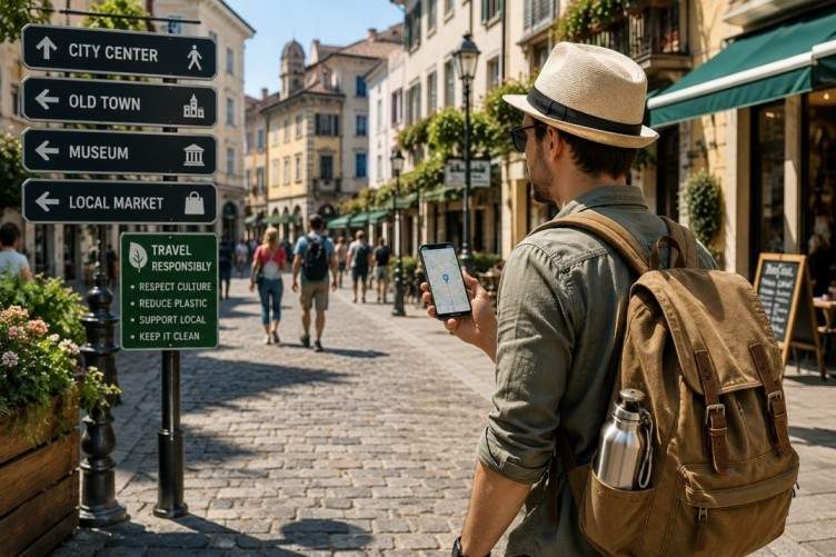 Traveler exploring a destination safely with a backpack, smartphone navigation, and reusable water bottle.