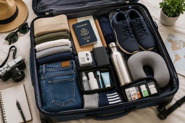 Open suitcase packed with travel essentials for first-time travelers.