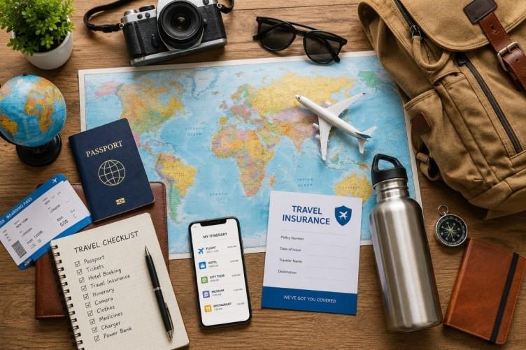 Tour planning essentials including passport, map, itinerary, travel documents, and backpack.