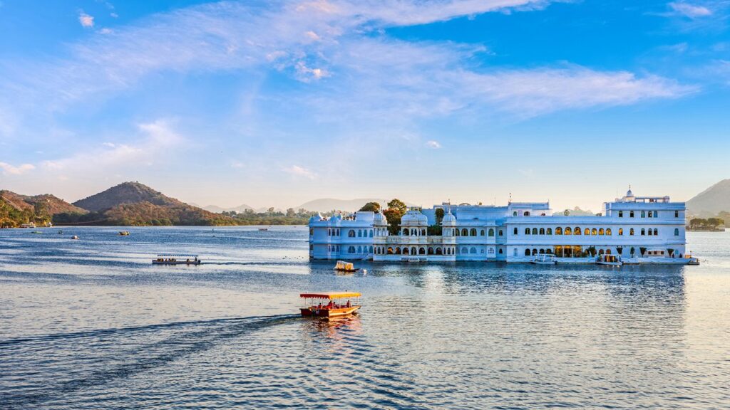 Lake Pichola and City Palace in Udaipur during monsoon