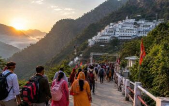 Pilgrims visiting the sacred Nau Devi Darshan temples in North India