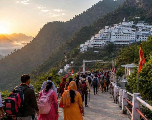 Pilgrims visiting the sacred Nau Devi Darshan temples in North India