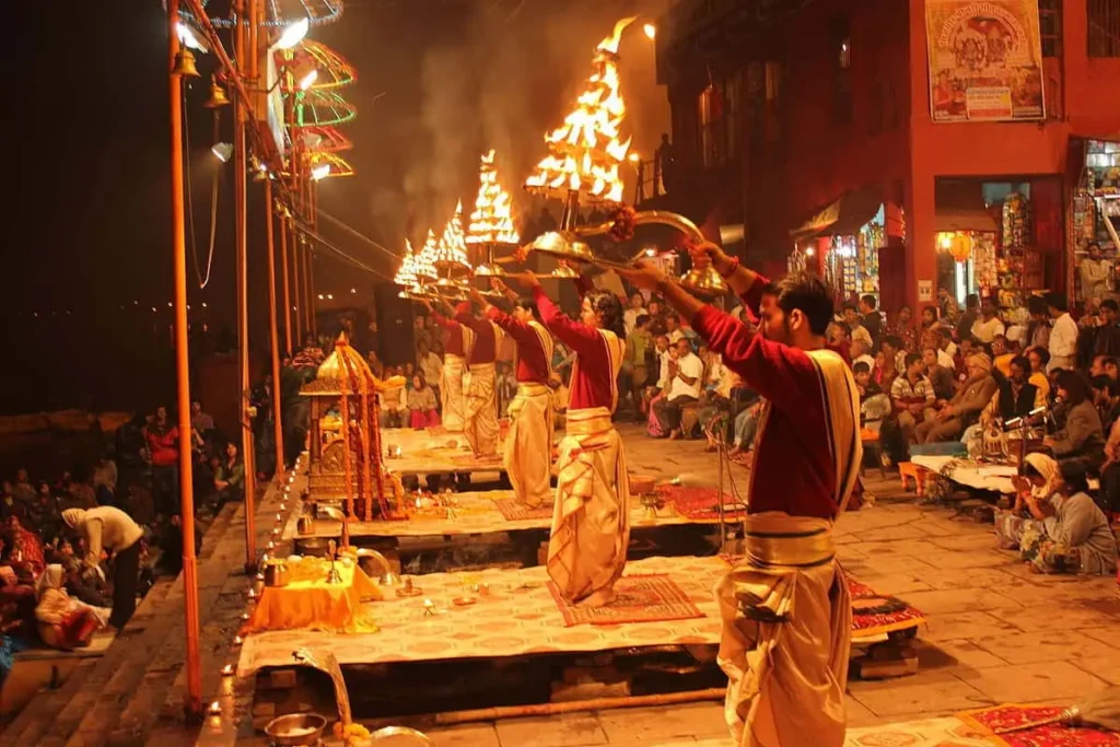 Evening Ganga Aarti, Varanasi Ganga Aarti ceremony at the ghats of Varanasi, Uttar Pradesh