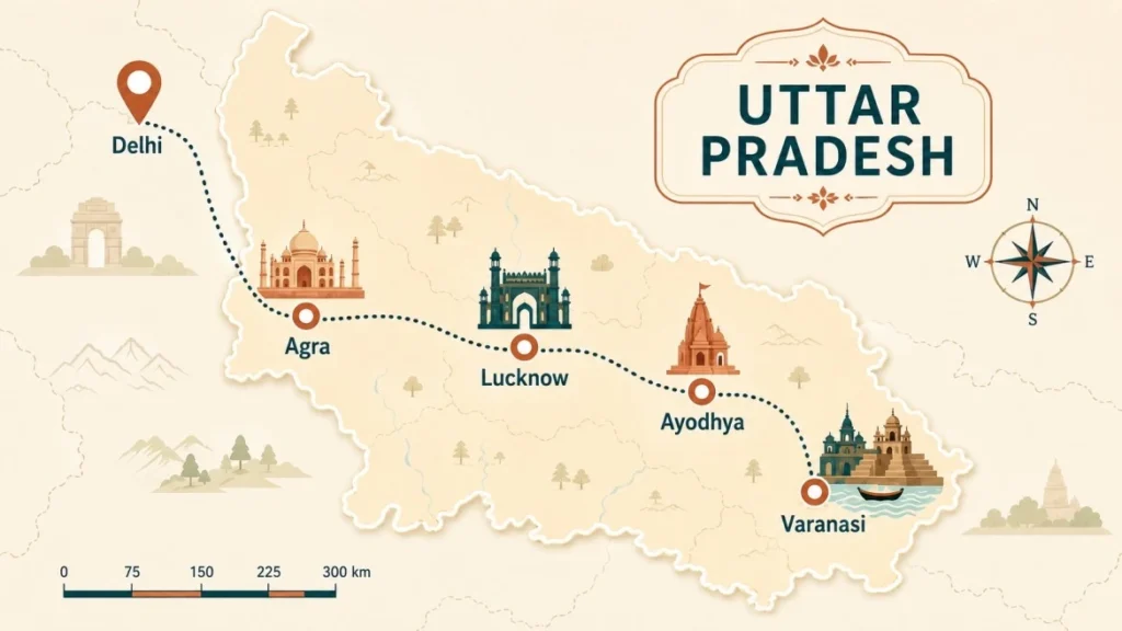 Map of Uttar Pradesh's main tourist places — Agra, Lucknow, Ayodhya, Varanasi