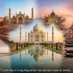 Collage of Uttar Pradesh travel destinations including the Taj Mahal in Agra and river ghats in Varanasi