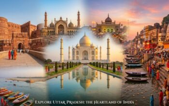 Collage of Uttar Pradesh travel destinations including the Taj Mahal in Agra and river ghats in Varanasi