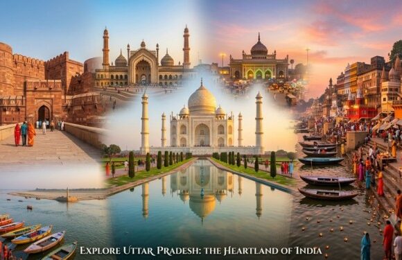 Collage of Uttar Pradesh travel destinations including the Taj Mahal in Agra and river ghats in Varanasi