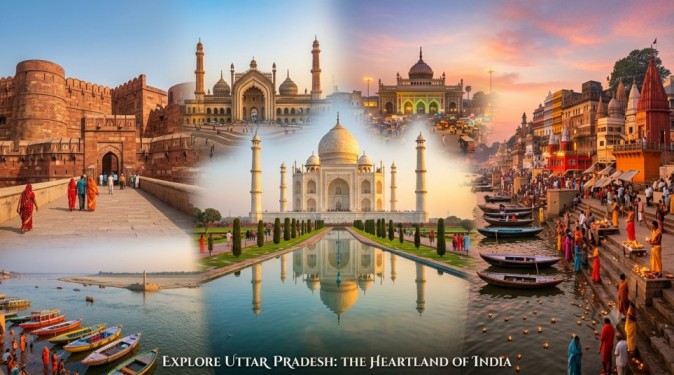 Collage of Uttar Pradesh travel destinations including the Taj Mahal in Agra and river ghats in Varanasi