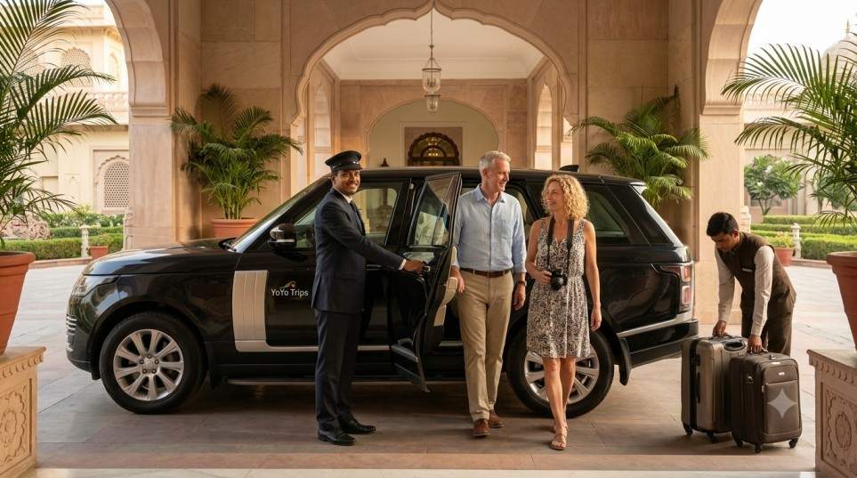 Chauffeur opening a luxury SUV door for US travelers at a Delhi hotel entrance, representing YoYo Trips India's private Golden Triangle transport services.