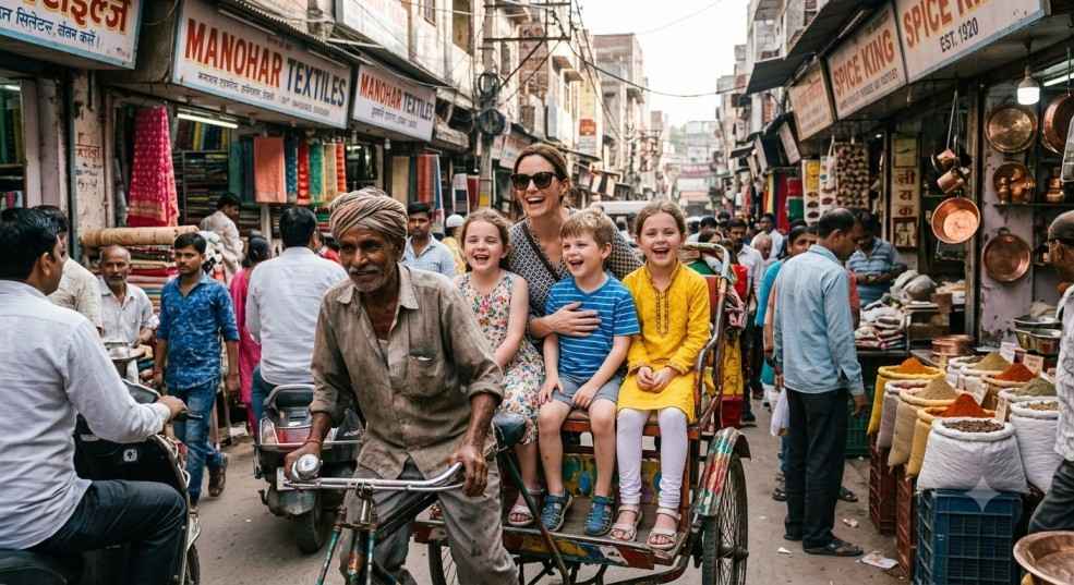 Family rickshaw ride through Chandni Chowk, Delhi, on a Golden Triangle family vacation
