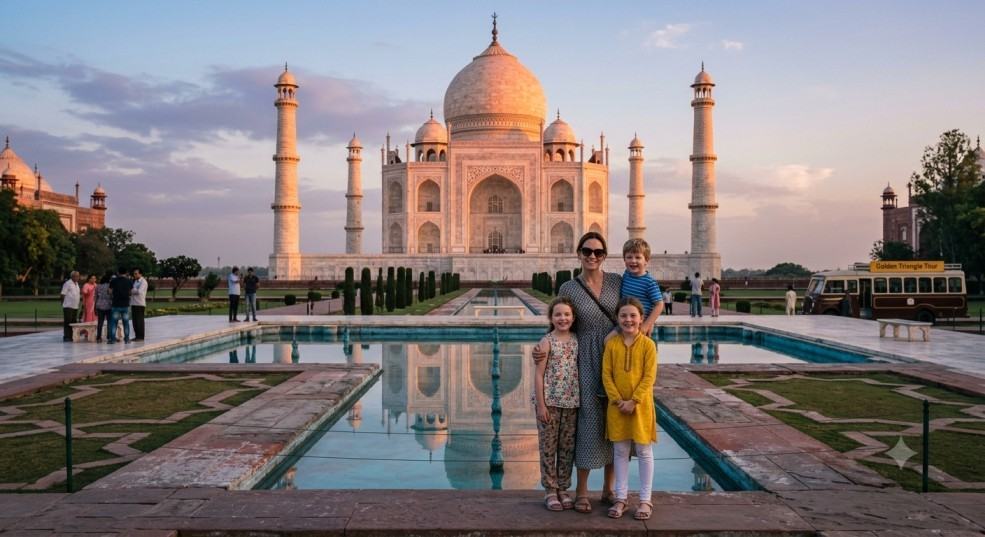 Family visiting the Taj Mahal at sunrise on a Golden Triangle tour with kids