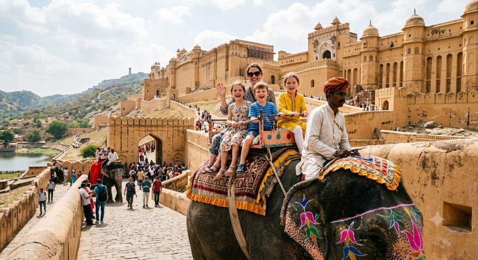 Children enjoying an elephant ride at Amber Fort, a Golden Triangle family tour highlight