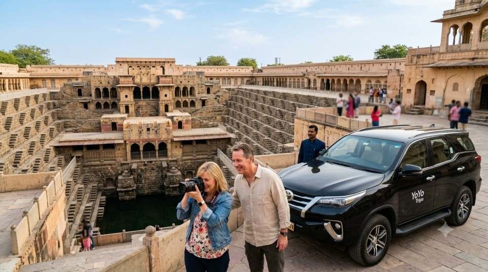 YoYo Trips India private car tour stops for a flexible sightseeing visit to the Chand Baori stepwell in Abhaneri between Agra and Jaipur.