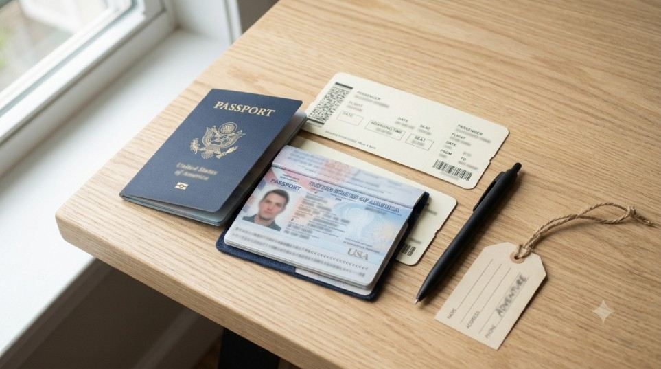 US passport and boarding pass laid out for an India e-Visa application