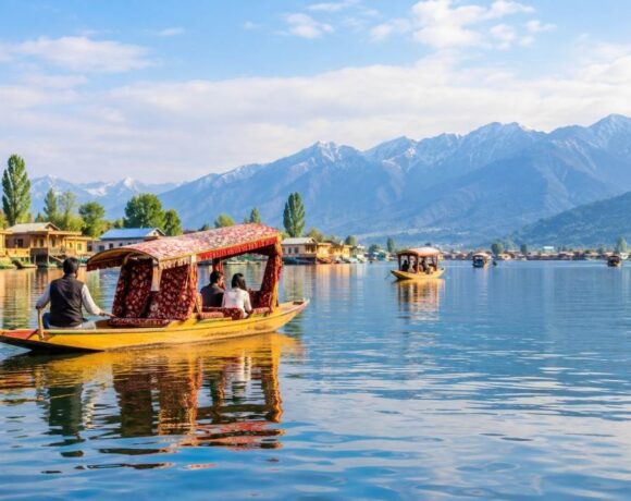 Tourists on a Shikara boat on Dal Lake, Srinagar, Kashmir