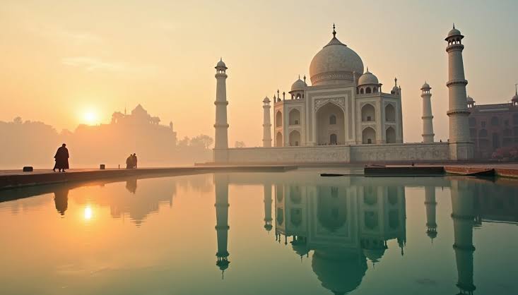 Taj Mahal in Agra illuminated by soft winter morning sunlight with clear blue skies