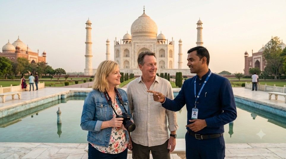 A US tourist couple exploring the Taj Mahal safely with a licensed Ministry of Tourism guide and YoYo Trips India support.