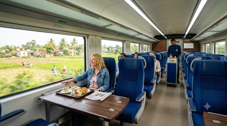 Interior view of the Executive Class cabin on the Vande Bharat Express, showing comfortable seating and modern train travel amenities in India.