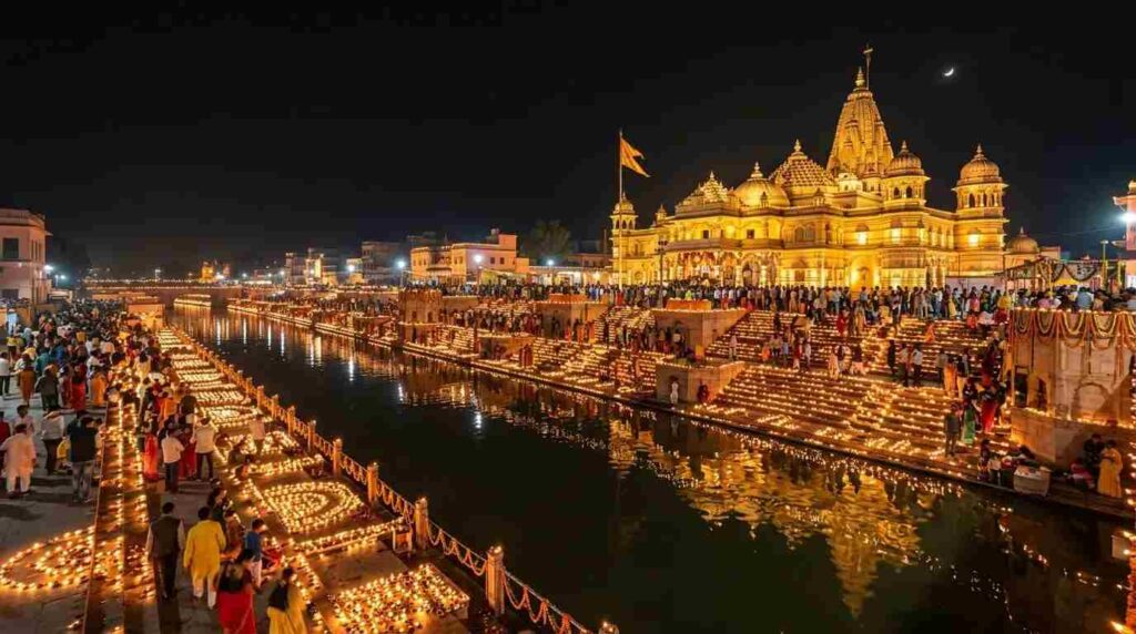 Thousands of earthen lamps lit along the Saryu ghats at Ayodhya Deepotsav
