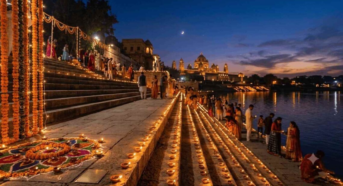 Glowing clay diyas and marigold garlands lit at dusk during Diwali celebrations in India