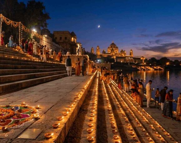 Glowing clay diyas and marigold garlands lit at dusk during Diwali celebrations in India