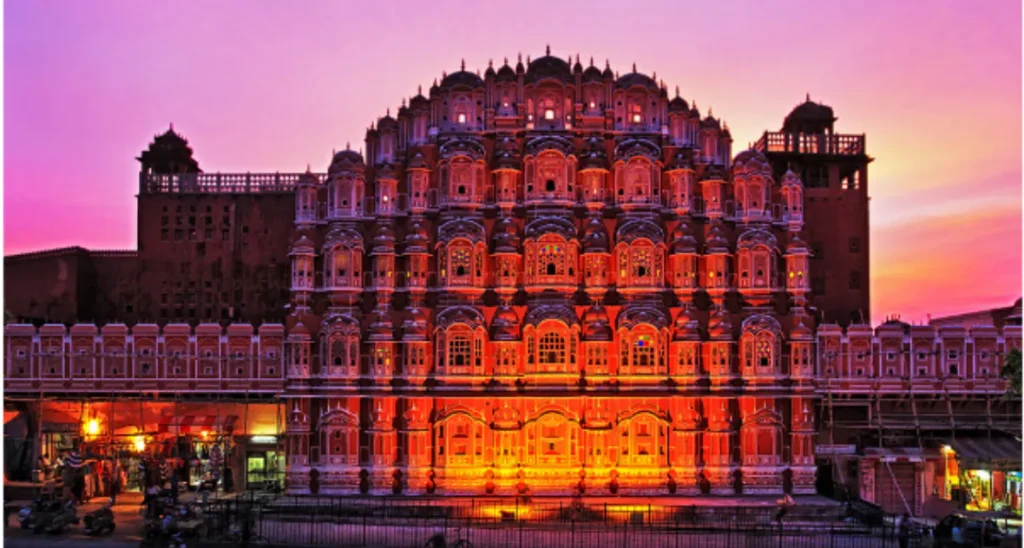 Hawa Mahal in Jaipur lit up at night during the Diwali festival